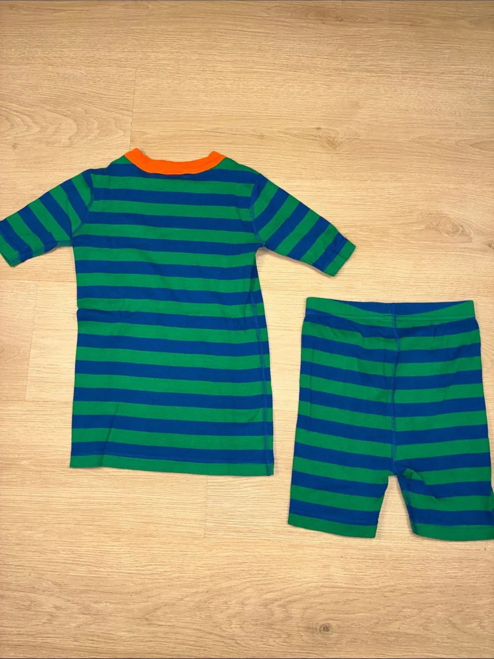 Hanna Andersson Striped Green & Blue Pajama Set with Orange Neck Trim